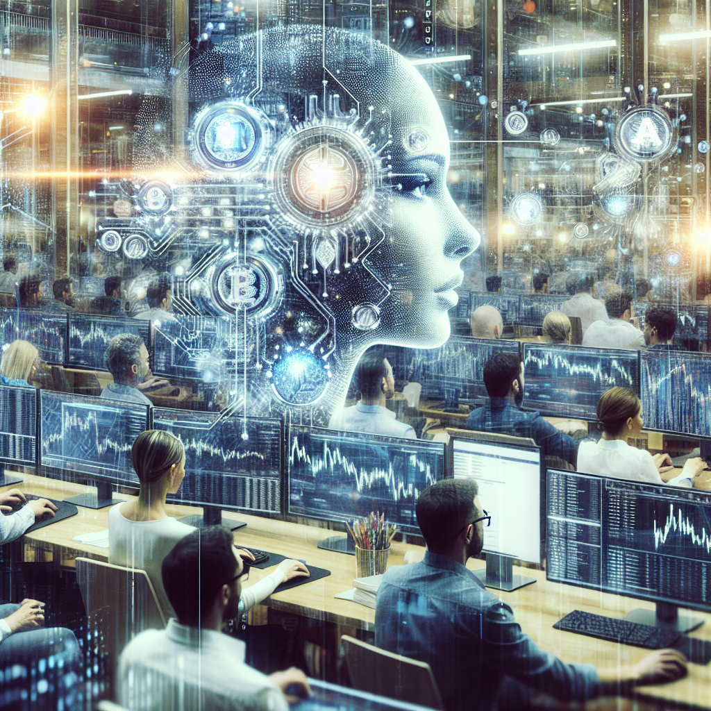 Imagine generata care ilustreaza o bursa de criptomonede moderna cu elemente de inteligenta artificiala si traderi activi, avand un aspect similar cu o fotografie, cu oameni de tip european.