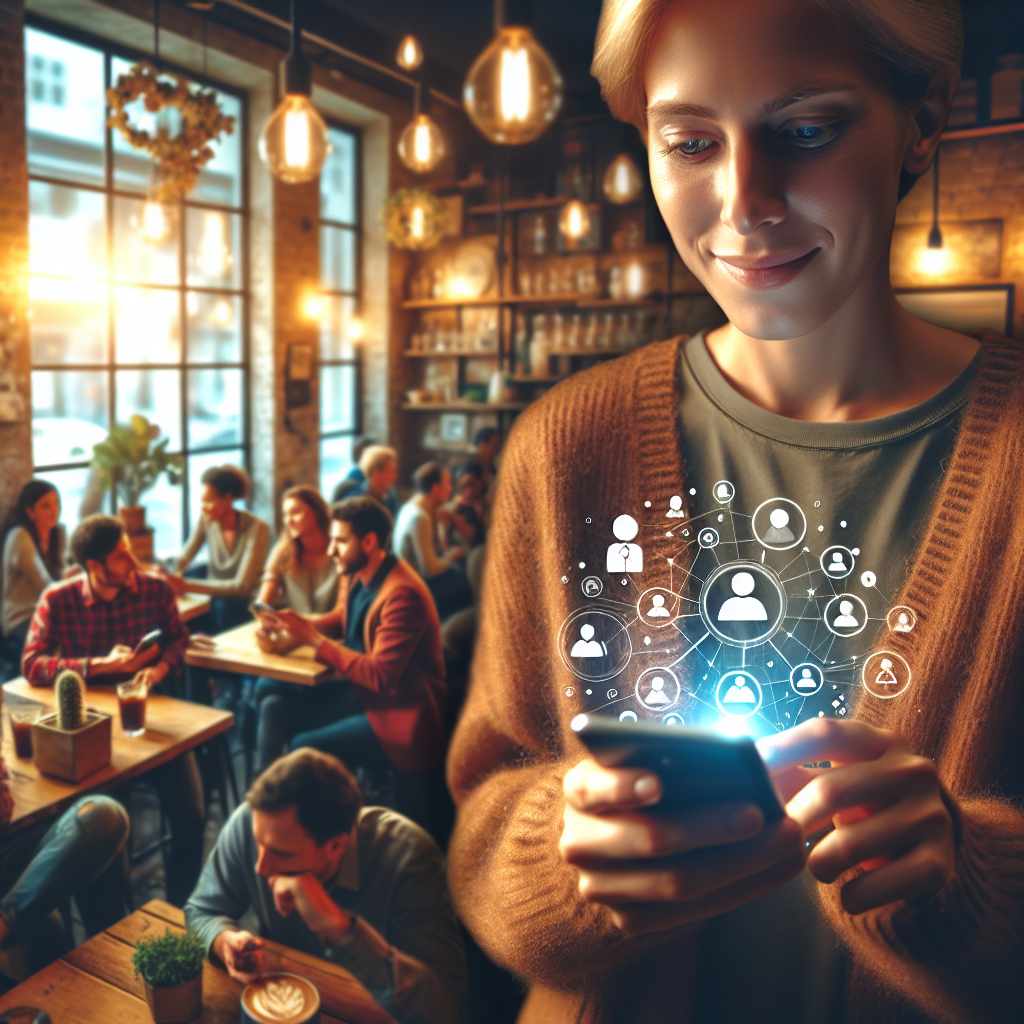 Fotografie a unui om cu trasaturi europene, tinand un smartphone si uitandu-se la ecranul Instagram. Fundal - un cafeneau confortabil cu iluminare calda si oameni in jur.