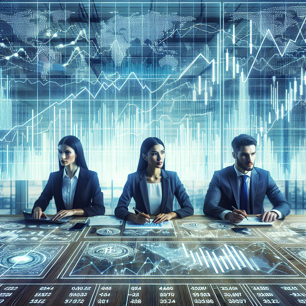 Imagine: traderi care analizeaza piata, grafice care simbolizeaza cresterea/scaderea preturilor, mediu modern, aspect european pentru toate persoanele, elemente de <a href=