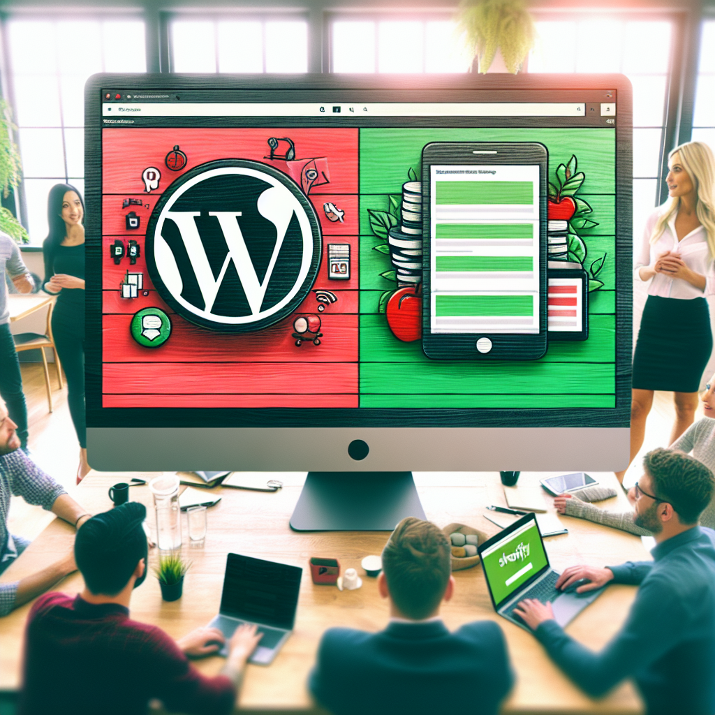 Imagine cu doua computere: unul cu un ecran rosu WordPress, altul cu un ecran verde Shopify, intr-un birou placut unde oameni de tip european discuta.