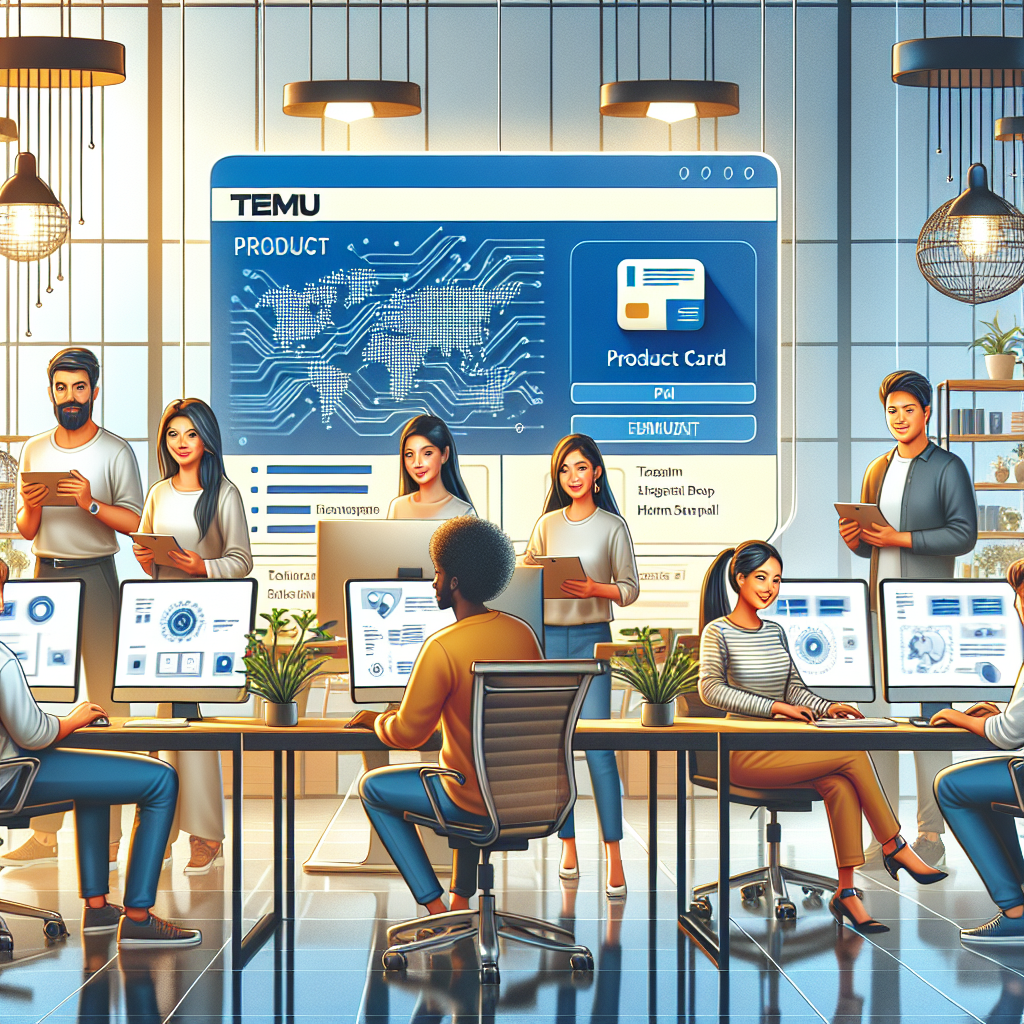 Imagine a unei companii online de succes, care opereaza pe platforma Temu, unde sunt vizibile carti de produse si oameni lucrand la computere. Toti oamenii sunt de tip european, intr-un birou frumos decorat cu <a href=