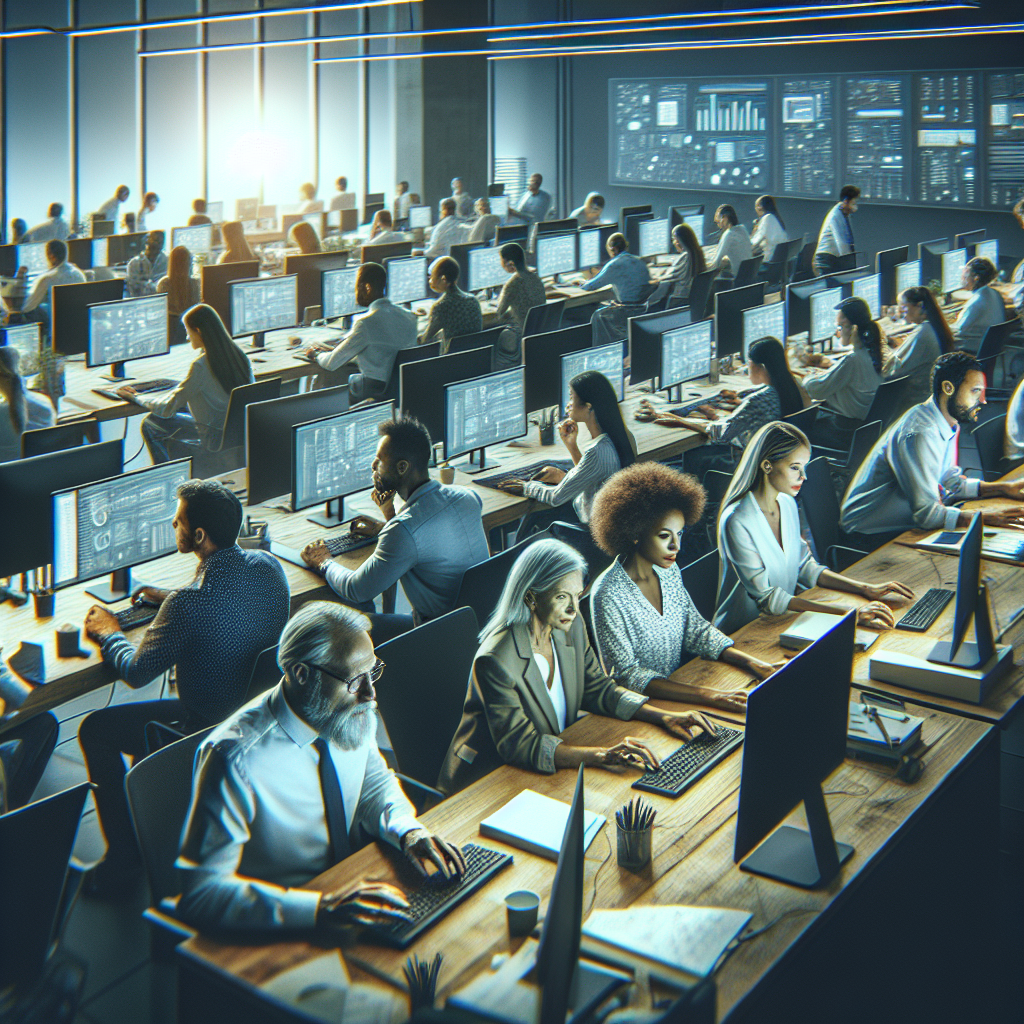 Imagine cu un grup de oameni care lucreaza la calculatoare intr-un birou al unei companii IT. Toate persoanele au un aspect european si par concentrate pe un proiect comun.
