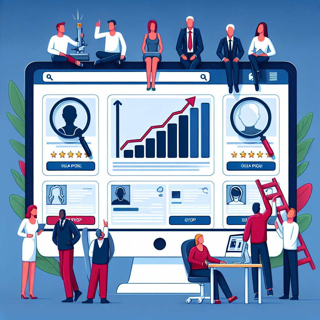 Imagine care ilustreaza produse de pe un marketplace care apar pe ecranul unui computer cu pozitii ridicate in clasamentul cautarii. Toti oamenii din imagine sunt de tip european.