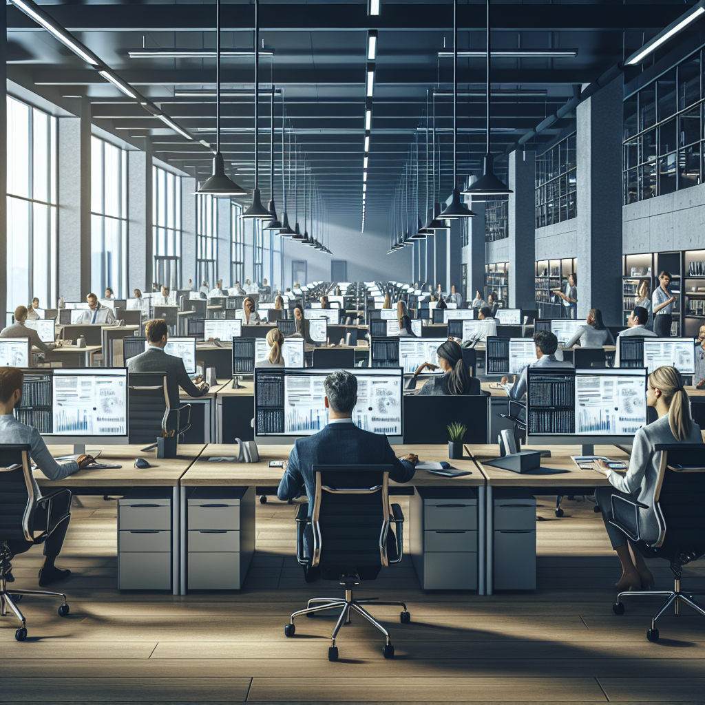 Imagine a interiorului unui birou modern al unei companii IT, care arata angajati lucrand la calculatoare cu sisteme CMS gata. Toate persoanele au un aspect european si sunt profund implicate in munca lor.