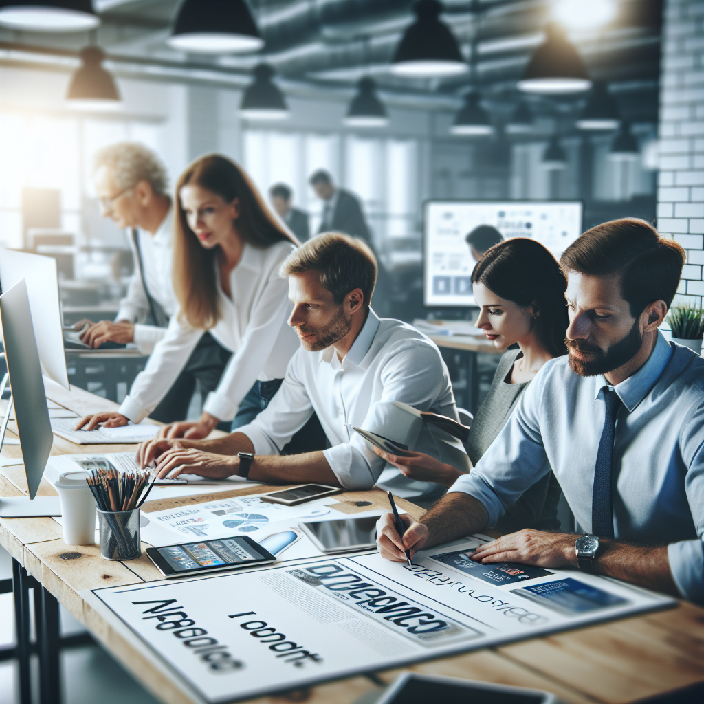 Imagine cu un birou modern de IT, unde o echipă lucrează la o campanie publicitară pentru Ozon, cu oameni de tip european. Imaginea ar trebui să semene cu o fotografie.