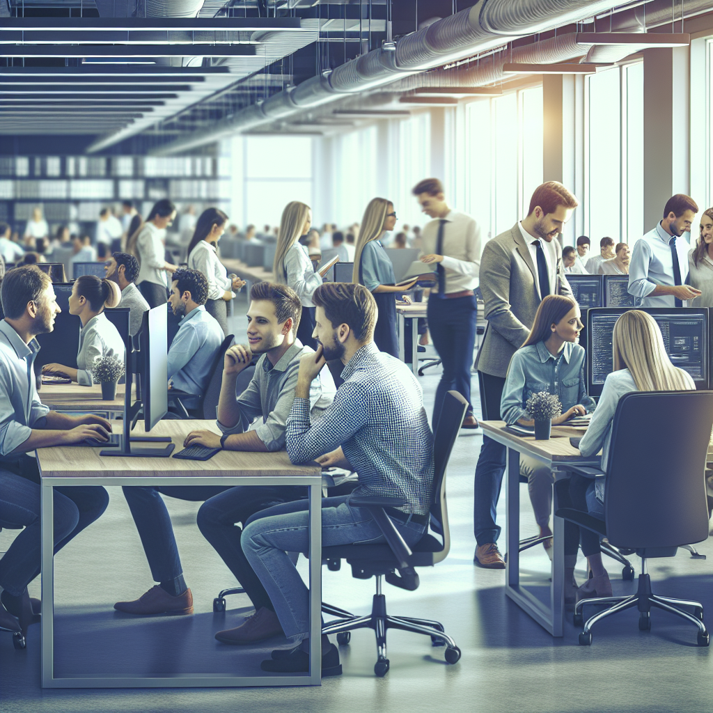 Imagine a unui birou IT modern, cu angajati europeni care discută un proiect și lucrează pe computere. Scena arată ca o fotografie reală.
