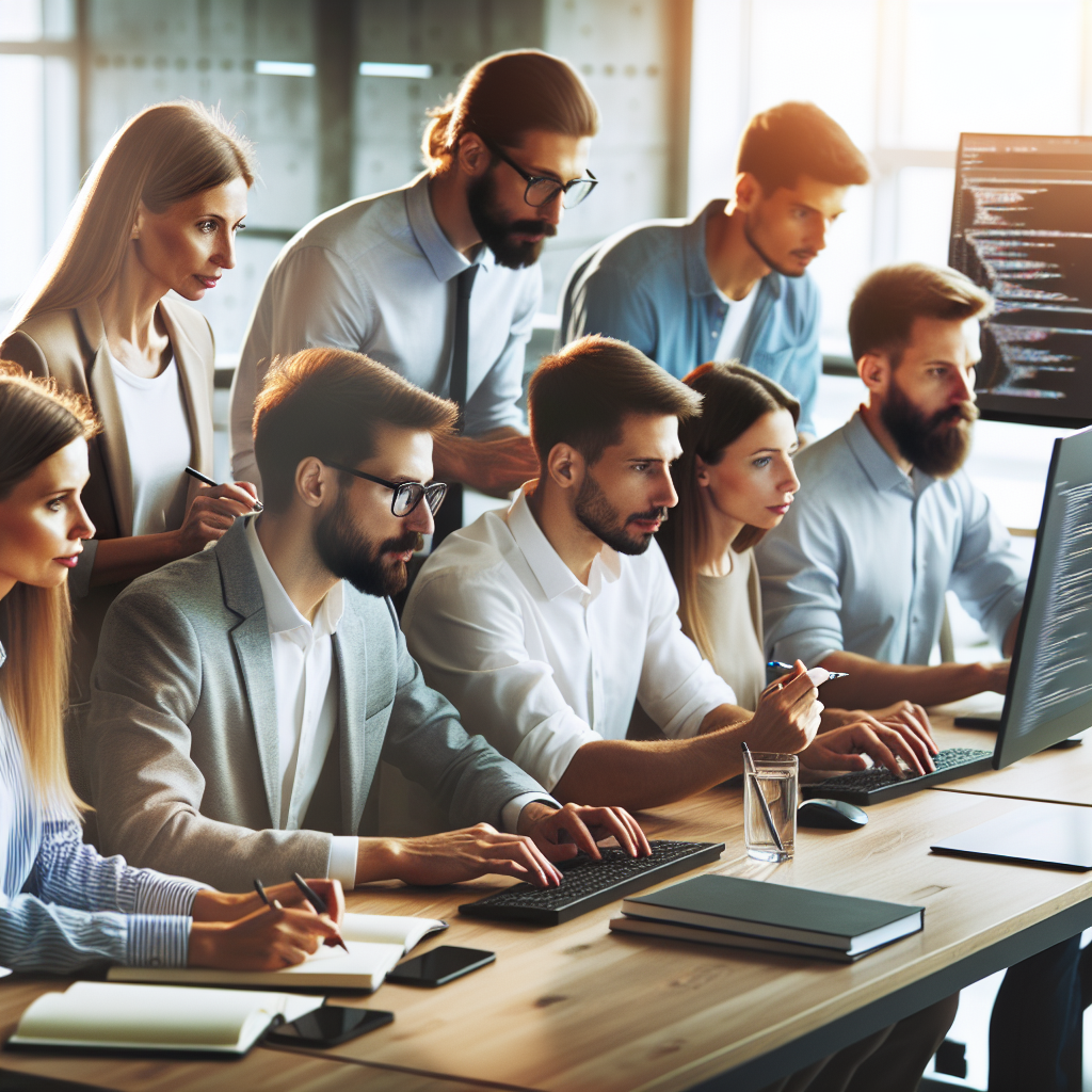 Изображение профессиональной команды IT-специалистов в офисе, работающих над проектом веб-разработки. Люди европейского типа обсуждают детали и делают заметки на доске, сидя за компьютерами.