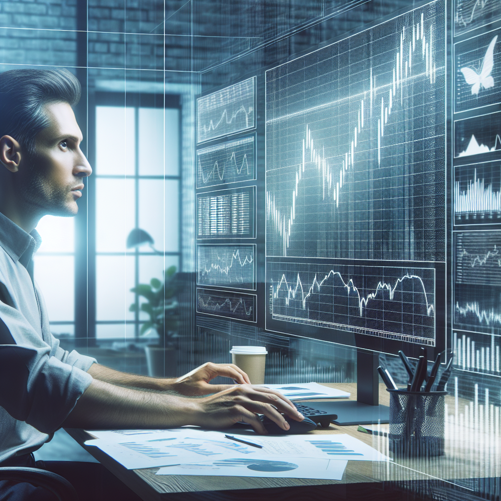 Imagine cu un trader ce lucreaza cu grafice pe un ecran de computer, avand o exprimare concentrata pe fata, in fata unui ecran mare pe care sunt afisate scripturi si grafice. Persoanele au o infatisare de tip european.