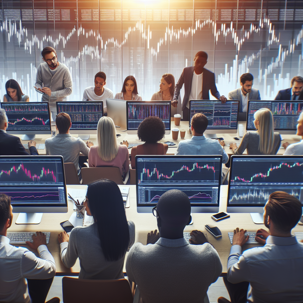Imagine cu un grup de traderi care analizeaza grafice la computere si discuta despre scripturi pe TradingView, intr-o atmosfera energica de <a href=