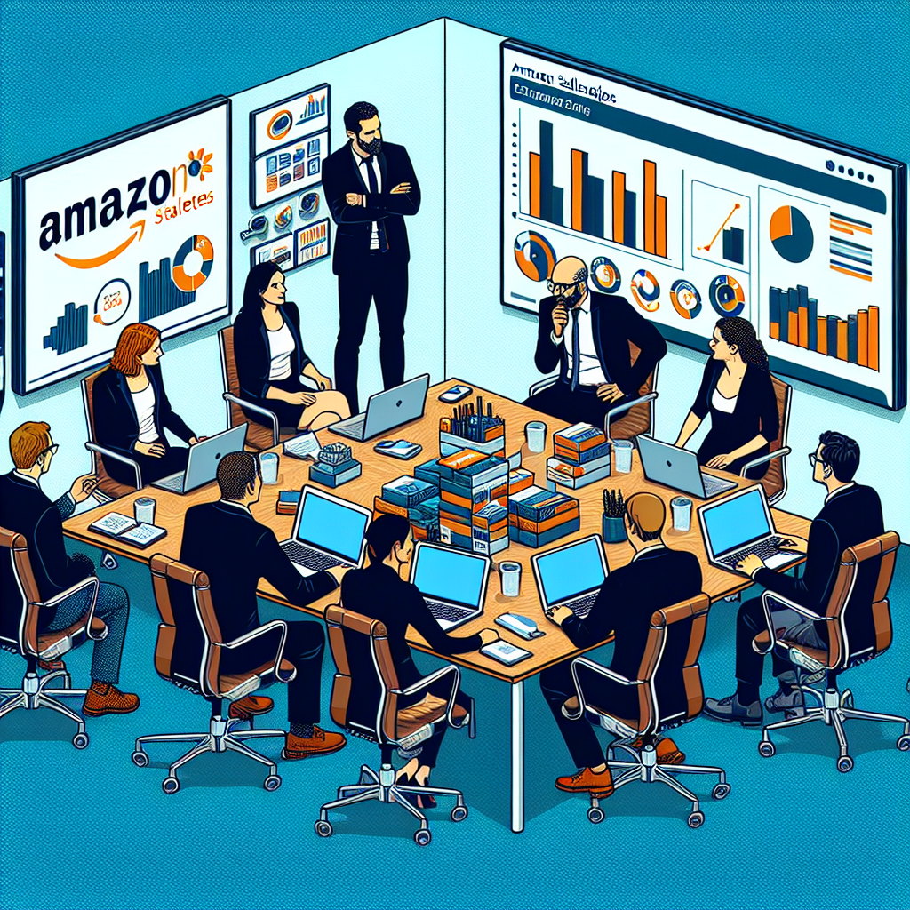 Grupa de europeni discuta strategia de vanzari pe Amazon intr-un birou, inconjurati de computere si grafice pe perete.