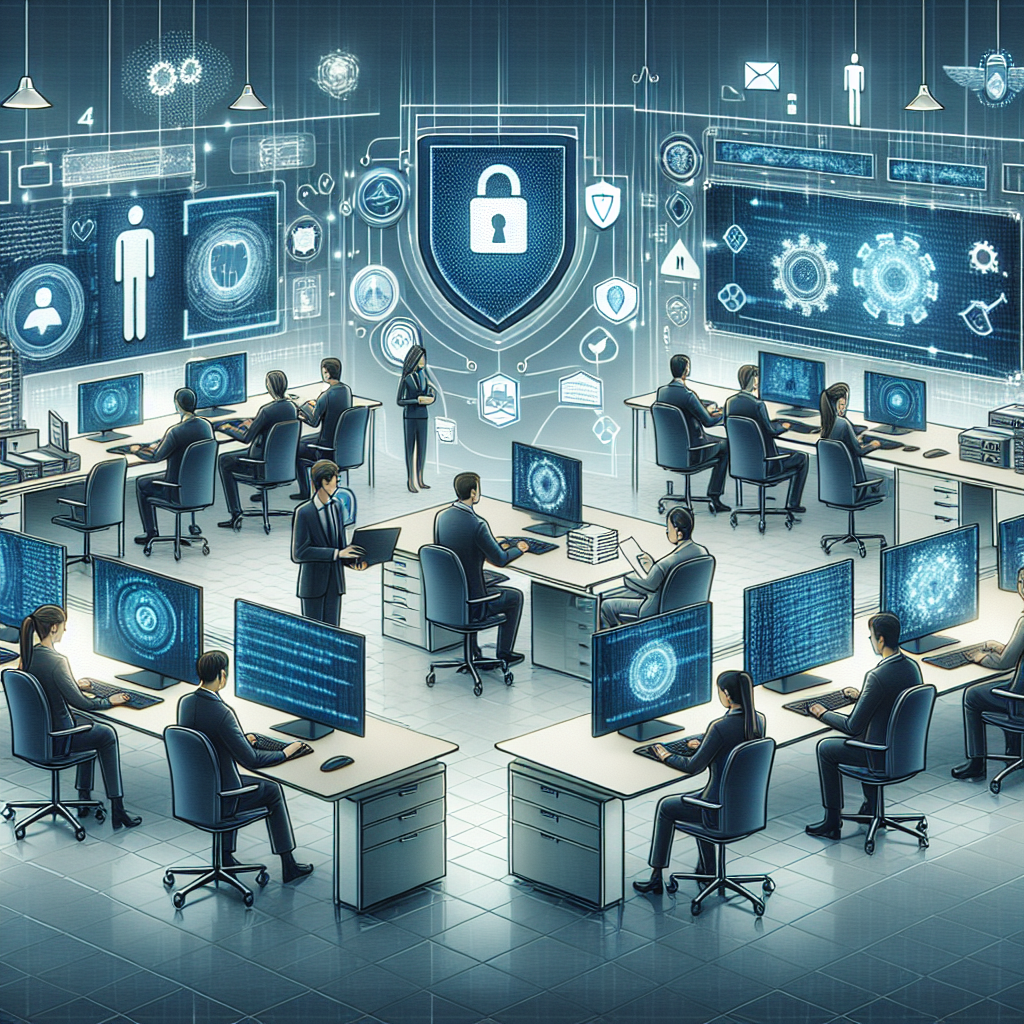 Imaginea unui proces de criptare a datelor, care ilustreaza computere cu coduri si grafice, specialisti la lucru, un birou dotat modern si simbolistica de protectie. Toate persoanele au trasaturi europene.