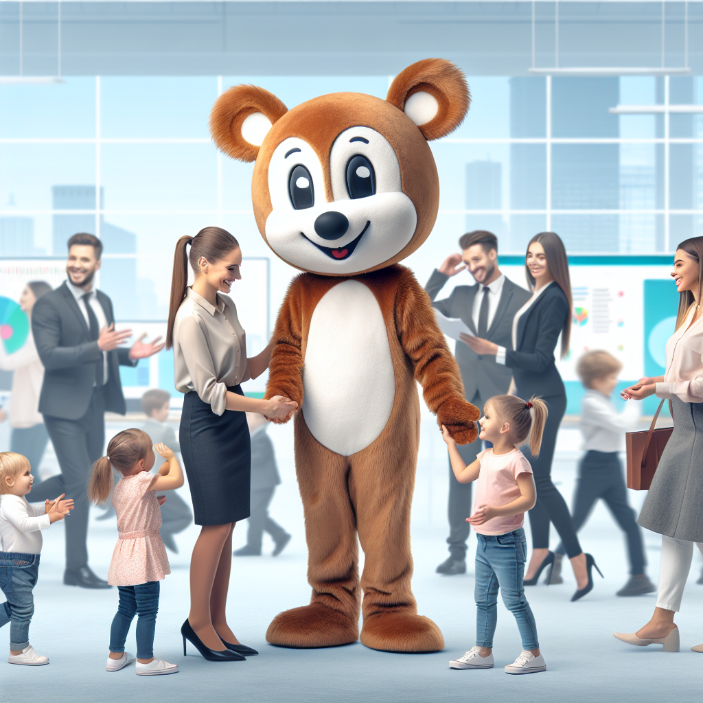 Imaginea unui mascot care interaccionesaza cu copii si adulti, avand in fundal un <a href=