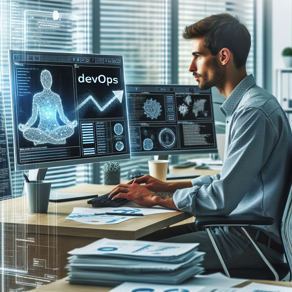 Специалист по DevOps, работающий в современном офисе, за компьютером с графиками и диаграммами на экране, все с европейской внешностью.