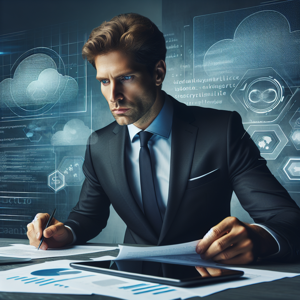 Imagine cu un om de afaceri cu aspect european, care analizeaza rapoarte de cheltuieli pe fundalul tehnologiilor cloud, concentrat pe optimizarea bugetului.