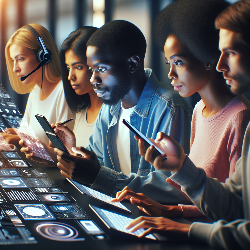 Imagine cu oameni europeni folosind tehnologiile de recunoastere si sinteza vocala pe diferite dispozitive, cum ar fi smartphone-uri si laptopuri.