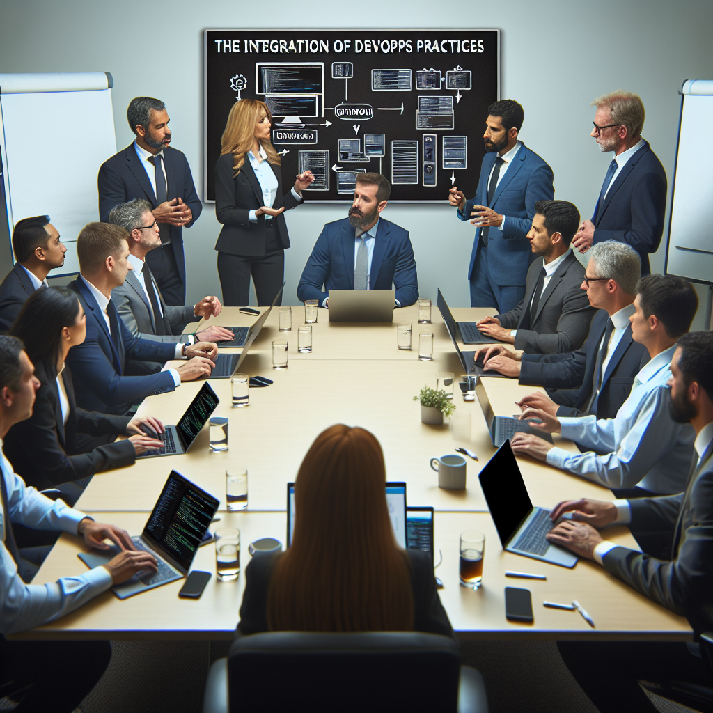O imagine in care un grup de specialisti europeni in IT discuta despre integrarea practicilor DevOps. Scena arata ca o intalnire de afaceri reala, cu laptopuri si o tabla de scris.
