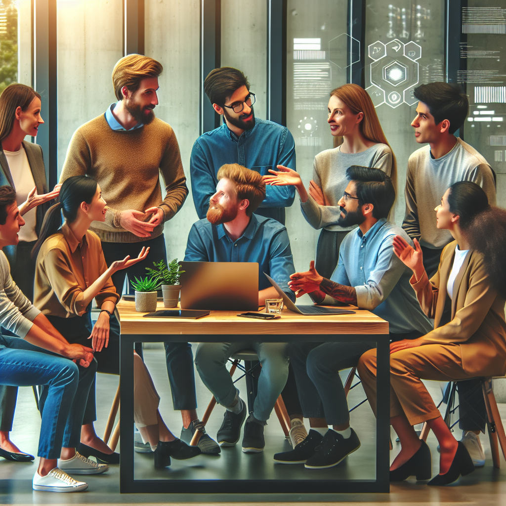 O imagine in care specialistii europeni discuta metodele DevOps intr-un birou modern. Scena ilustreaza o interactiune activa, cu elemente evidente de tehnologie si programare.
