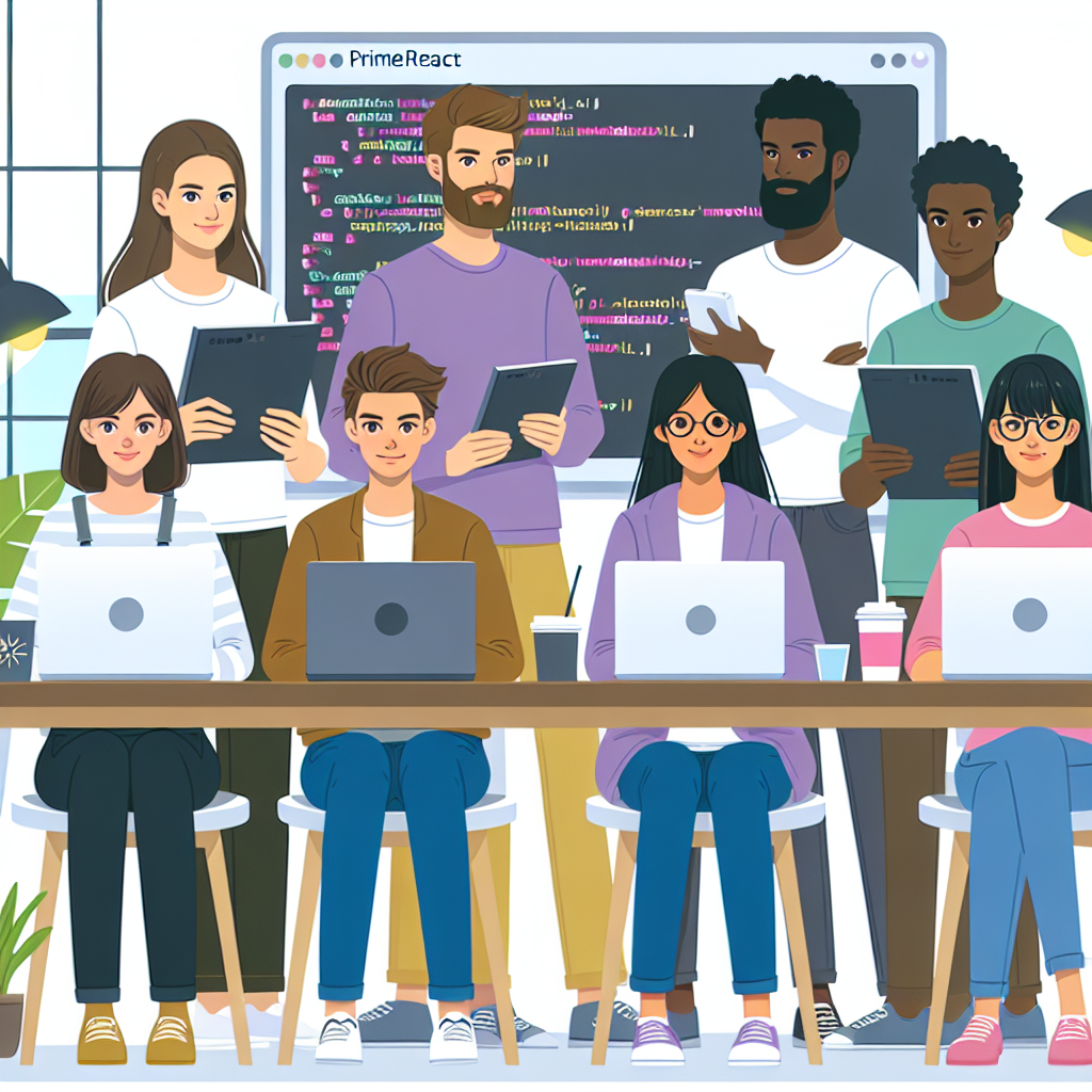 Imagine cu profesionisti in programare lucrand cu interfete PrimeReact intr-un birou confortabil, toate persoanele de tip european.