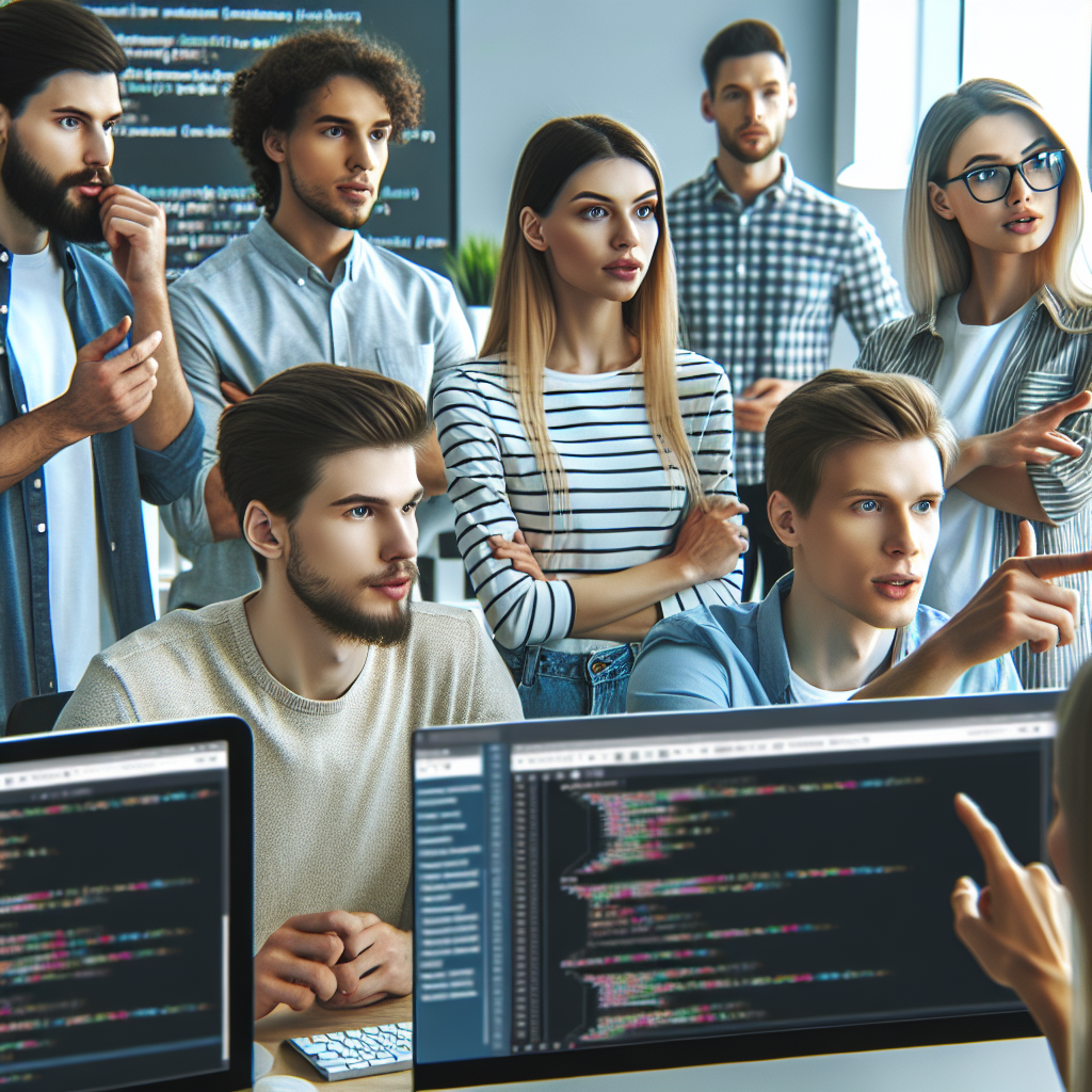 Imagine cu tineri profesionisti din diverse domenii care discuta concentrati despre avantajele Chakra UI intr-un birou modern. Au un aspect european, iar in fundal se pot observa computere cu ecrane de <a href=