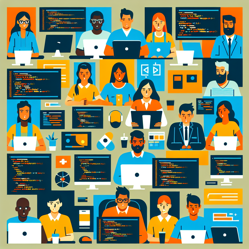 Imagine cu programatori care lucreaza la un proiect folosind Bootstrap si Bitrix, cu elemente de cod si design pe ecran. Toate persoanele par europeene.