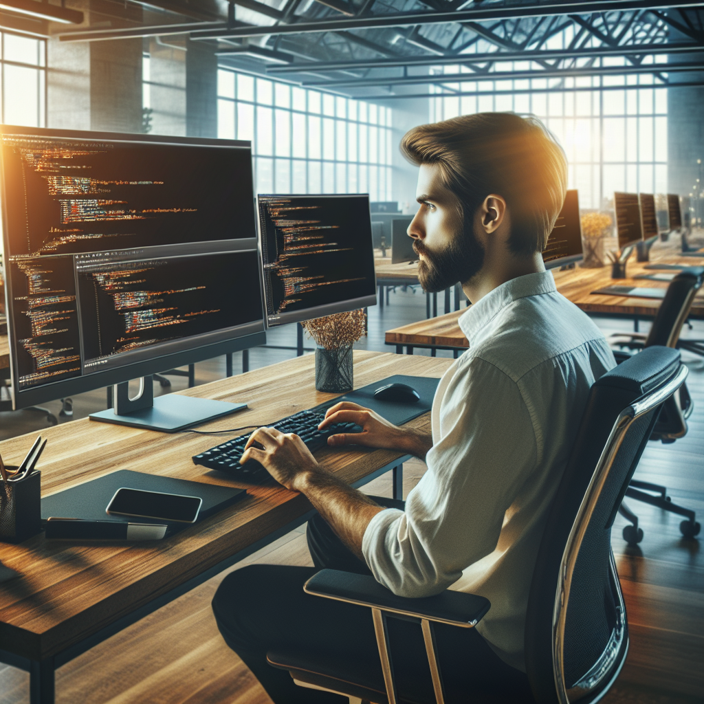 Imagine cu un dezvoltator de software care lucreaza la un computer, in fata unor interfete create cu Chakra UI, intr-un birou modern de tip european.