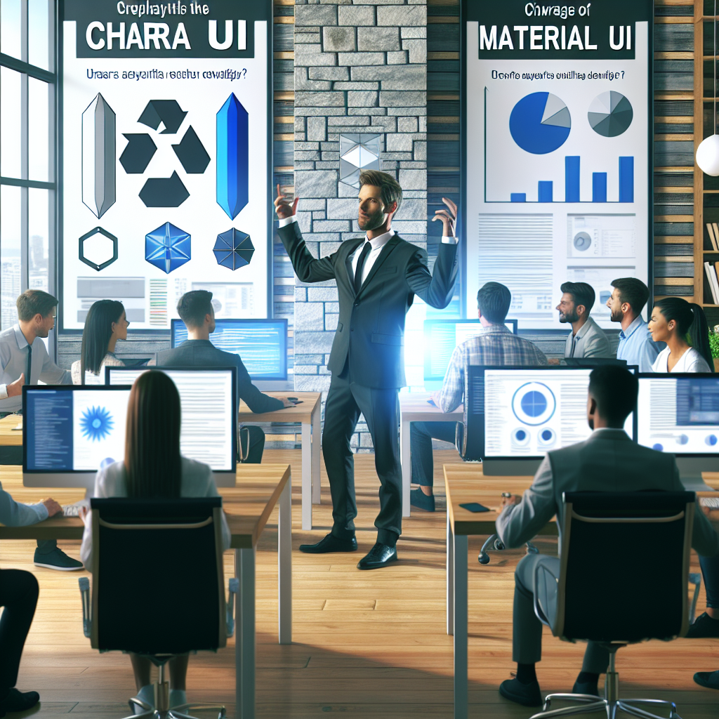 Imagine ce surprinde o echipa de dezvoltatori care compara Chakra UI cu Material UI. Toata echipa este entuziasta, lucreaza la computere si are discutii animate despre avantajele fiecarei tehnologii, intr-un birou stylish cu grafice pe ecrane.