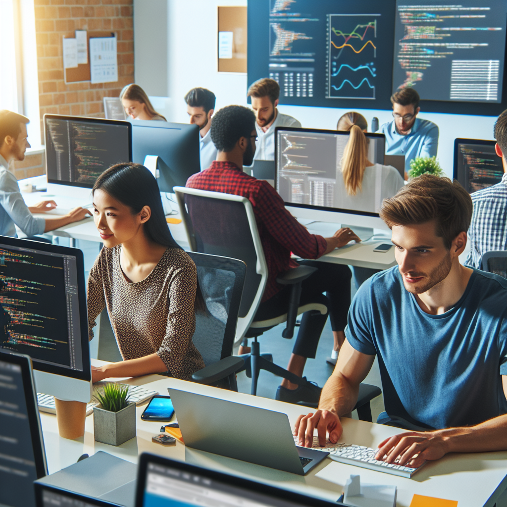 Imagine cu dezvoltatori de succes intr-un birou, concentrati pe proiectele lor in Django si Bootstrap, in fata calculatoarelor cu grafice si diagrame care ilustreaza progresul si succesul acestora.