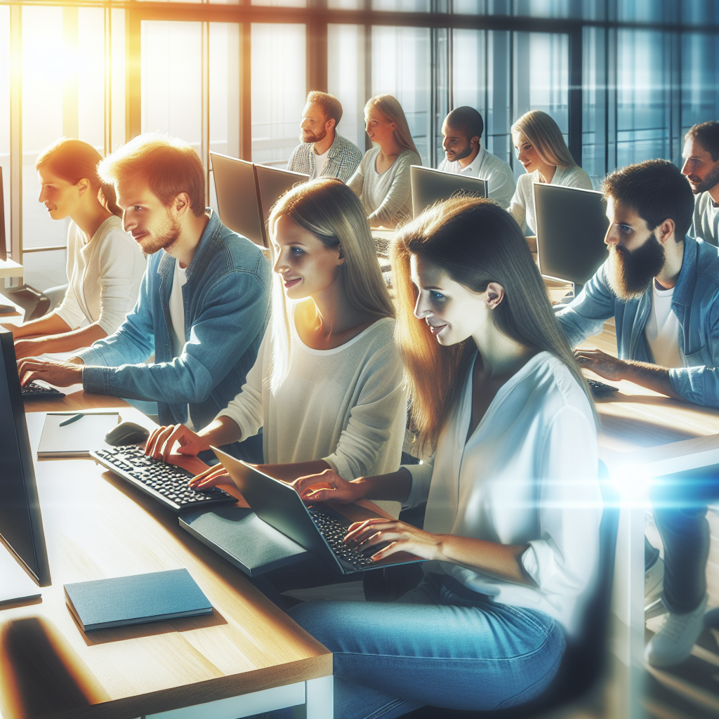 Grup de europeni lucrand pe computere, discutand un proiect de web-dezvoltare, intr-un birou modern cu lumina puternica si echipamente tehnologice.