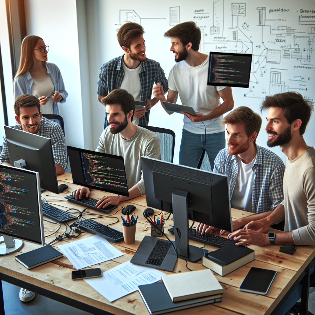 Imaginea arata o echipa de programatori care lucreaza la un proiect NodeJS, intr-un birou modern, echipat cu tehnologie de ultima generatie. Toate persoanele sunt de tip european.