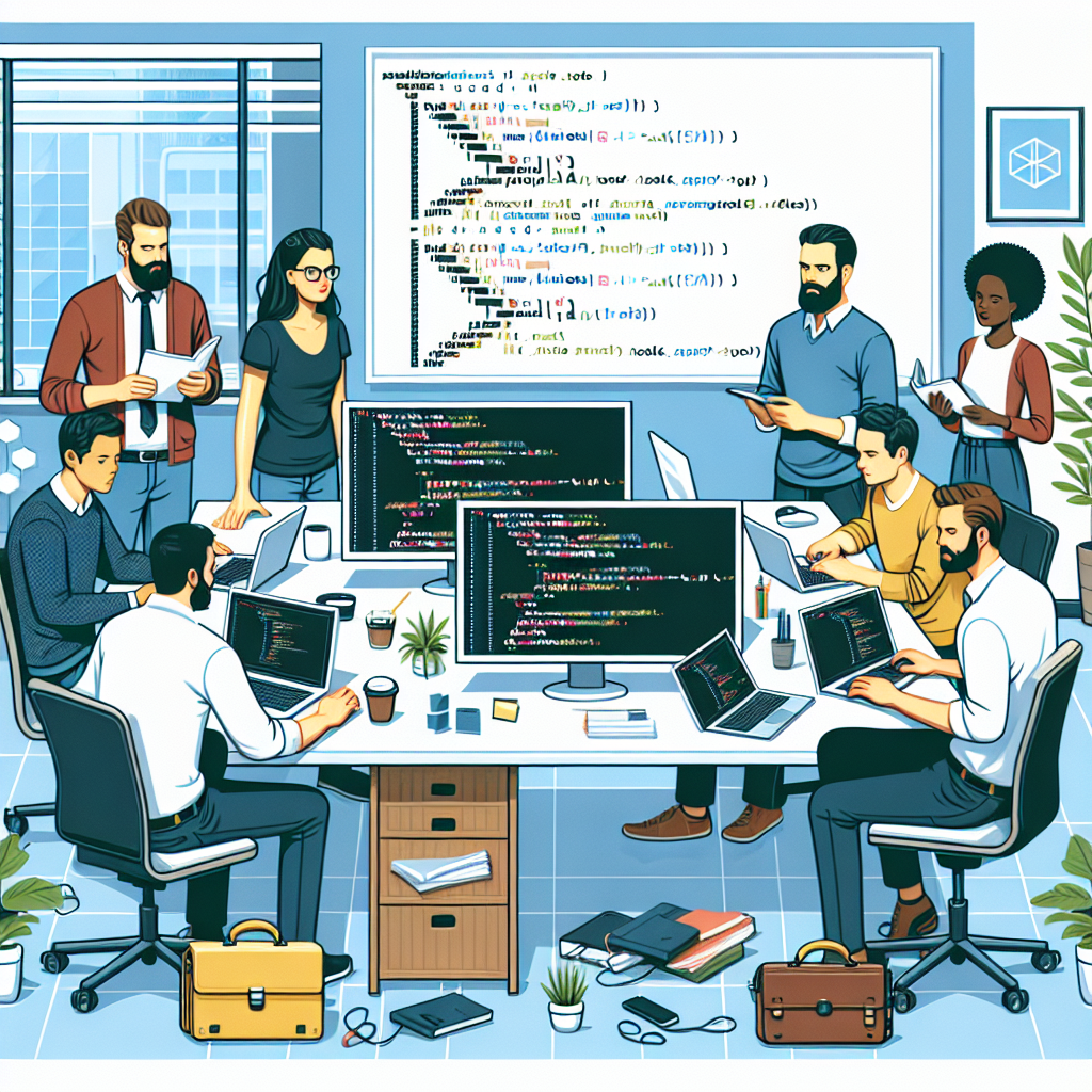 Imaginea prezinta un birou in care dezvoltatorii lucreaza la un proiect NodeJS, evidentiind atat componentele de back-end, cat si cele de front-end. Toate persoanele sunt de tip european.