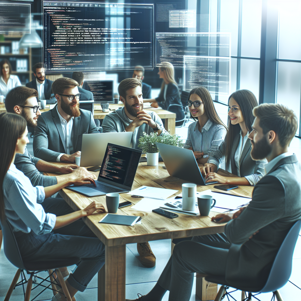 Grupa de specialisti in IT discutand un proiect de dezvoltare a software-ului la birou, fiecare avand un laptop deschis, intr-o atmosfera prietenoasa.