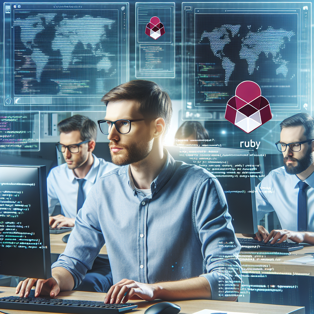 Imaginea unei echipe de programatori lucrand la un proiect in limba Ruby intr-un birou, toti avand un aspect european, pe ecranele computerelor fiind vizibile elemente de cod si dezvoltare.