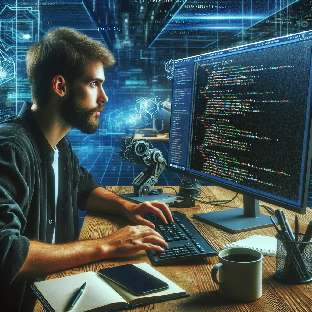Imagine cu un programator la calculator, lucrand cu limbajul de programare Rust, pe fondul unor <a href=