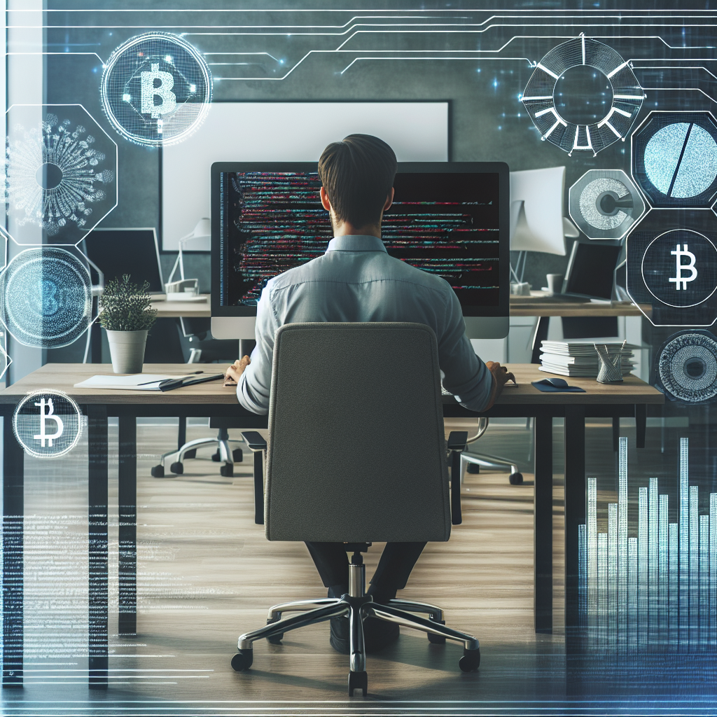 Imagine cu un programator lucrand la un computer intr-o birou modern, inconjurat de elemente de cod, grafice si blockchain-uri, toate persoanele avand un aspect european.