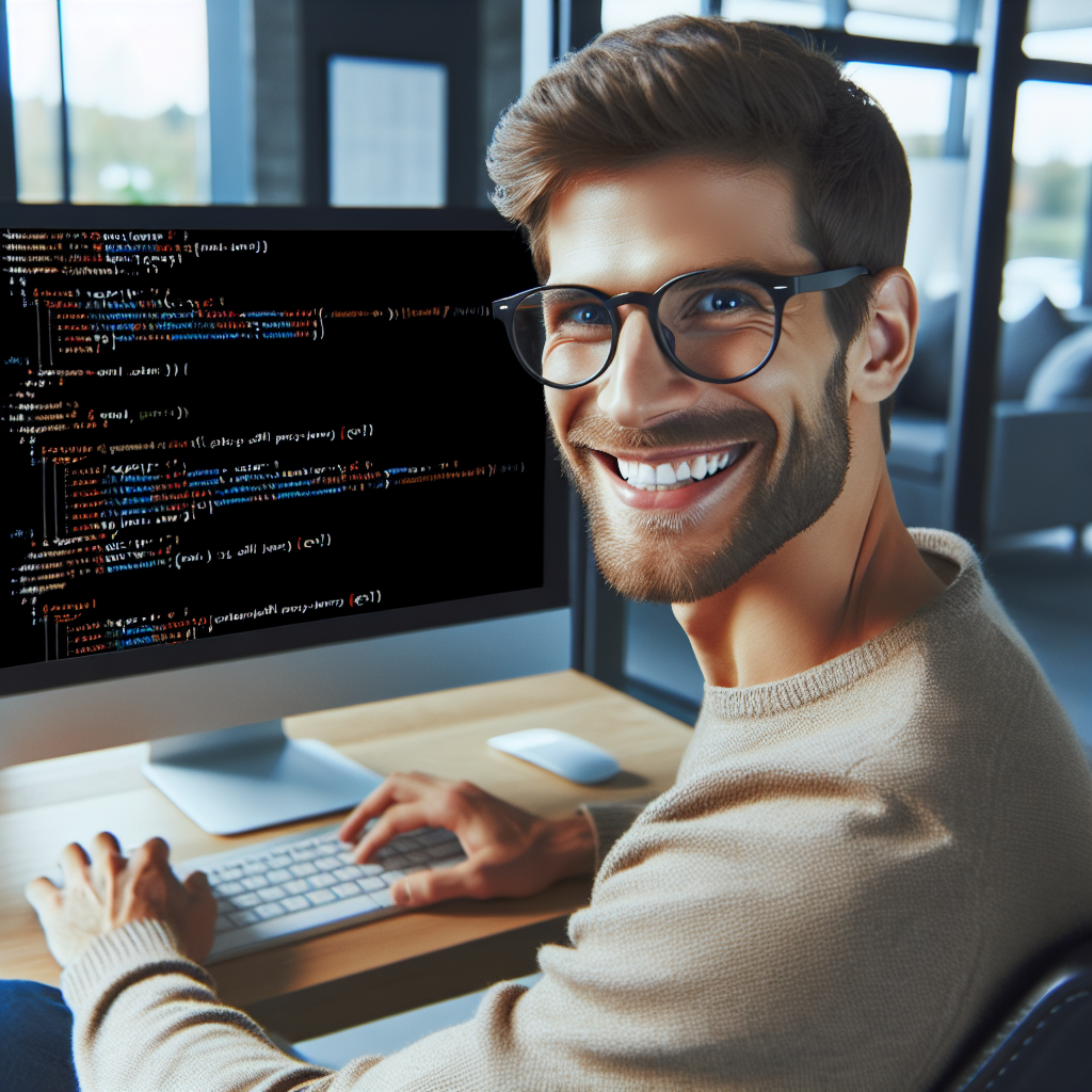 Imaginiaza un adult european fericit, lucrand la un computer intr-un birou modern, unde ecranul arata cod in limba Perl. Atmosfera este prietenoasa si profesionala.