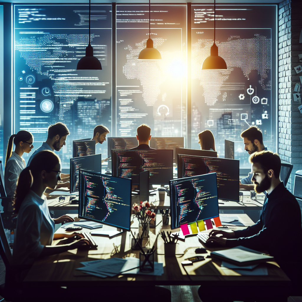 Programatorii scriu cod in limba Ruby pe computere intr-un birou modern, concentrati pe proiect, toti avand un aspect european.