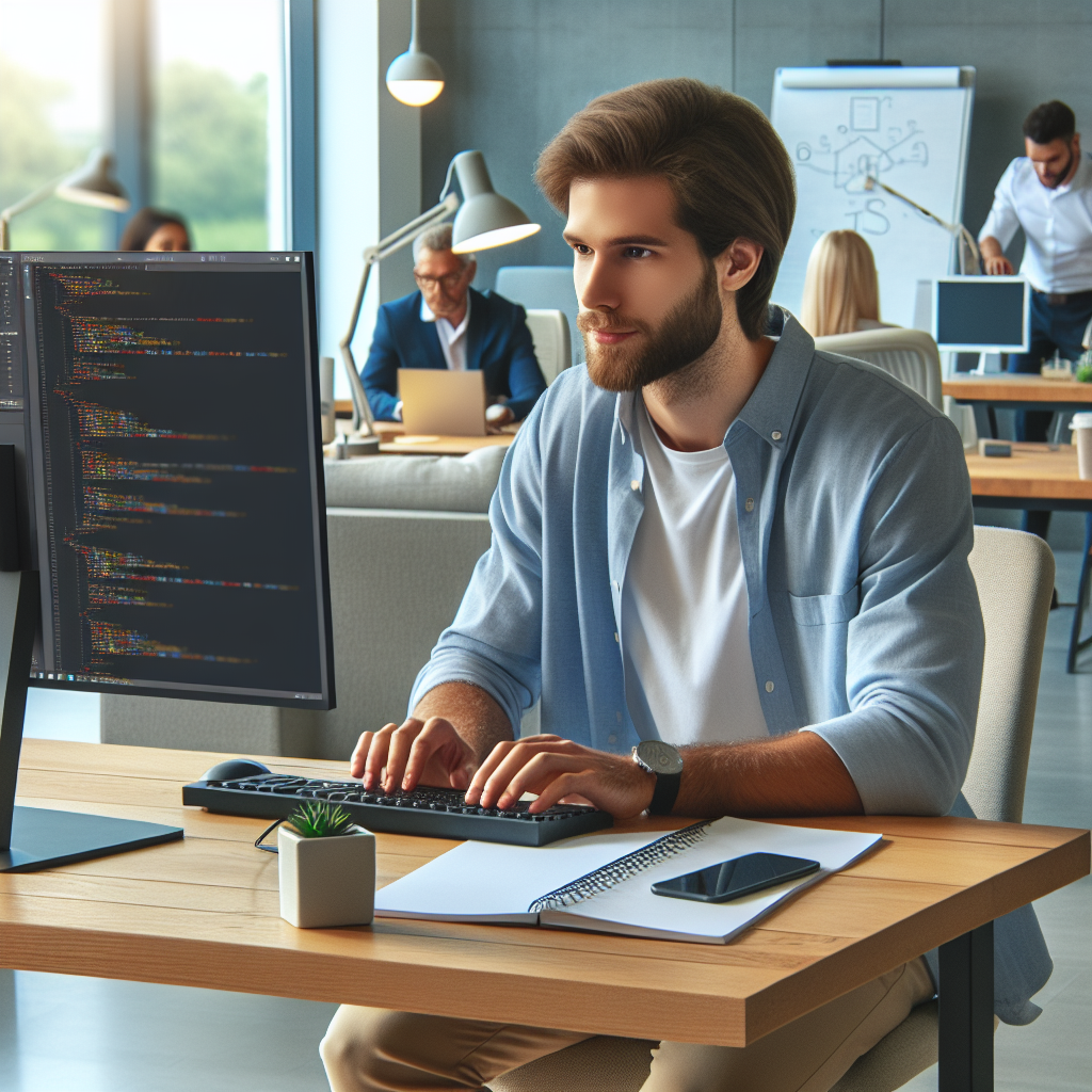 Imagine cu un dezvoltator web lucrand cu cod pe un ecran de computer, intr-un birou stylish cu echipamente moderne. Toate persoanele sunt de tip european, iar imaginea ar trebui sa arate ca o fotografie reala.