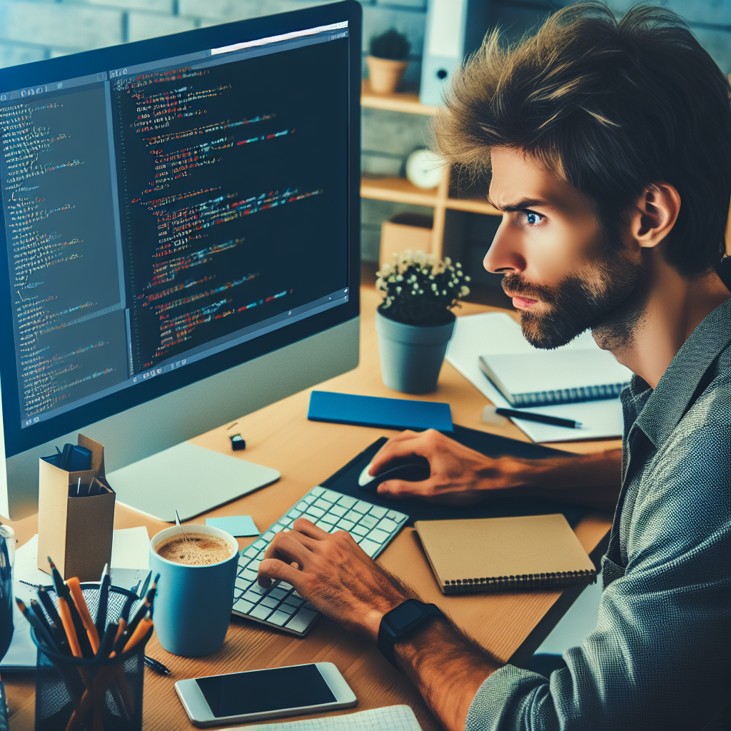 Imagine in care un programator lucreaza cu limbajul de programare Rust, avand vizualizari ale codului si aplicatiilor pe care le dezvolta. Persoanele au aspect european.