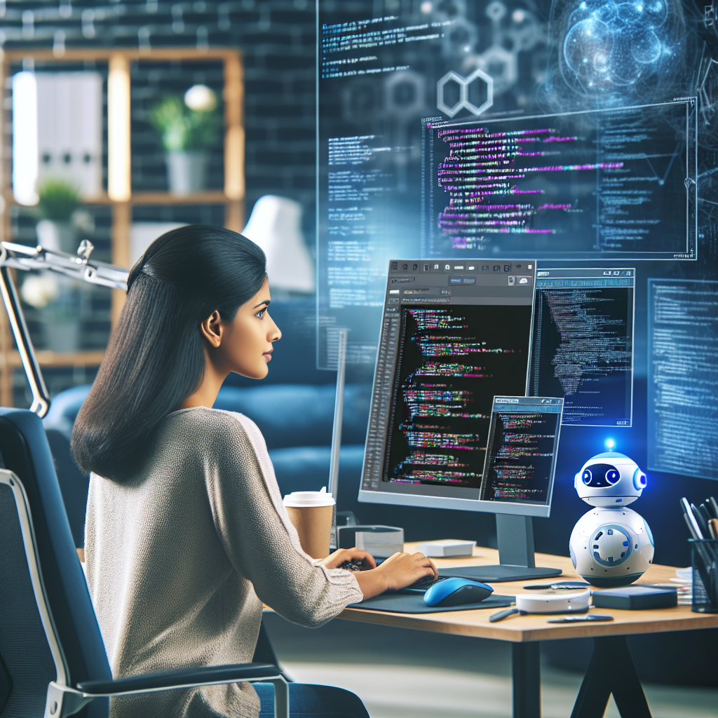 Imaginiaza un programator, lucrand la un computer in birou, cu cod in limba Perl pe ecran. Vizualizeaza o atmosfera plina de tehnologii si inovatii.