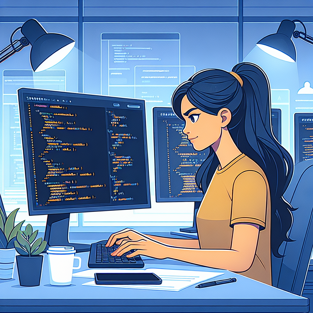 Programator care lucreaza la un computer, codificand in limbajul de programare Elixir. Persoanele au trasaturi europene, iar fundalul este un birou modern cu gadget-uri si ecrane care afiseaza cod.