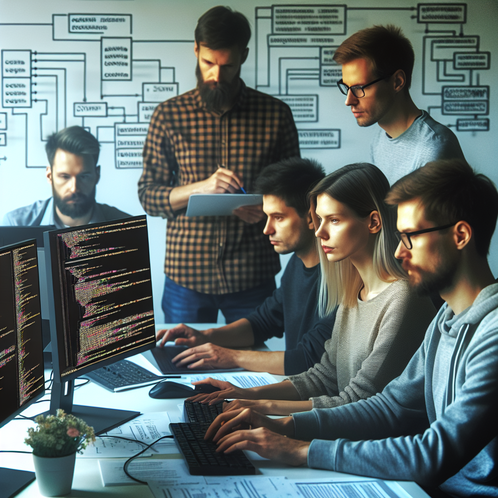 Imagini cu dezvoltatori care discută despre un proiect Symfony, toti avand aspect european, cu un focus pe calculatoarele si schemele de pe peretele biroului.