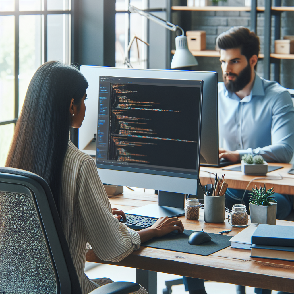 Imaginea unui programator intr-un birou confortabil, lucrand la computer cu cod pe ecran, reflectand procesul de dezvoltare backend. Vizualizarea trebuie sa arate ca o fotografie reala, toti angajatii arata ca europeni.
