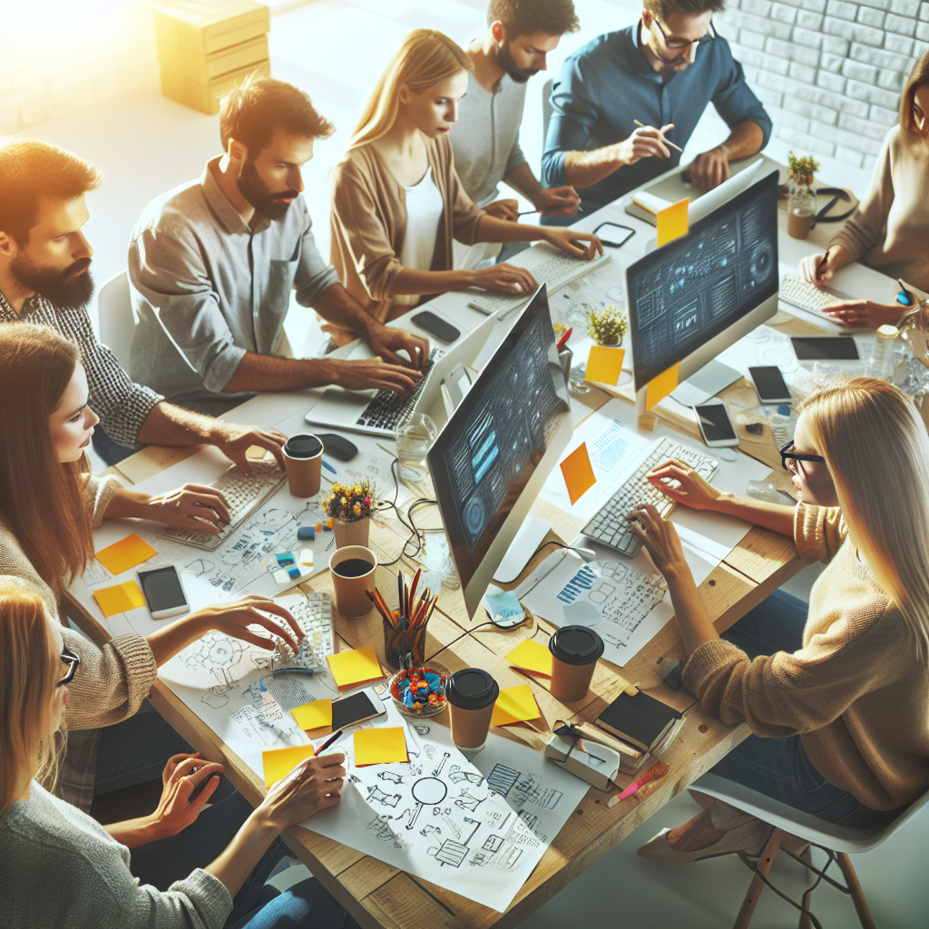 O imagine cu oameni lucrand la un proiect in biroul unei companii IT, toti avand un aspect european.