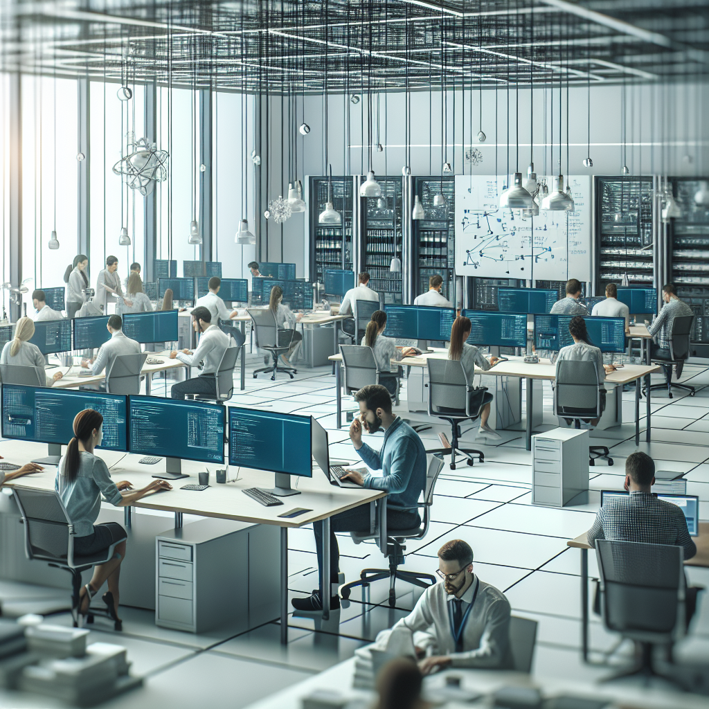 Группа европейских специалистов в области IT, работающих над проектом в современном офисе с компьютерами и досками для записей.