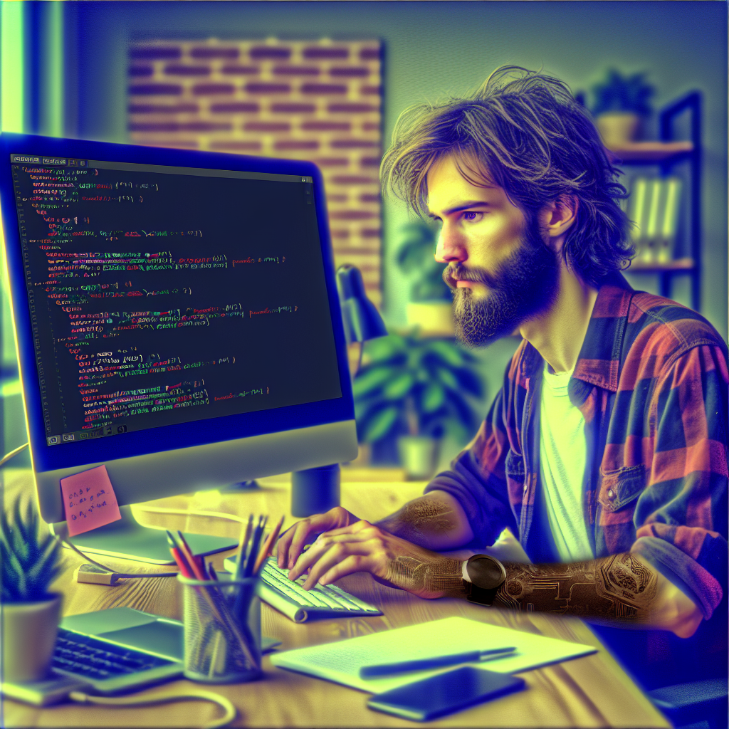 Creeaza o imagine cu un dezvoltator tipic lucrand la computer, cu cod pe ecran, care utilizeaza framework-ul Spring Boot. Oamenii ar trebui sa aiba un aspect european. Imaginea ar trebui sa semene cu o fotografie, astfel incat sa nu poata fi diferentiata de o fotografie.