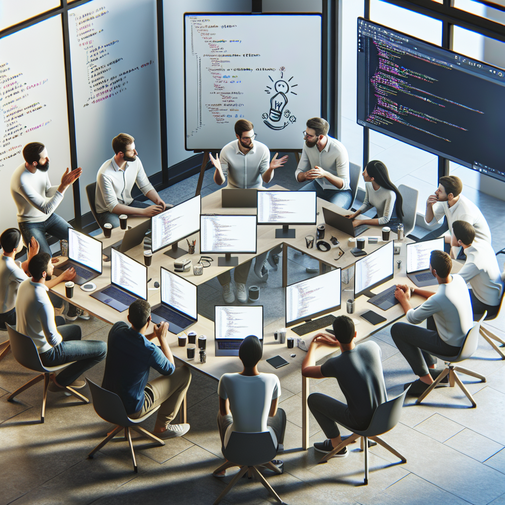 Imaginea prezinta un grup de dezvoltatori Ruby experimentati, discutand despre un proiect pe ecranul unui computer (tip european). Imaginea este realista, asemeni unei fotografii.