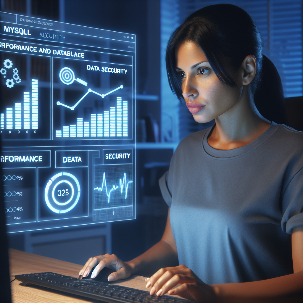 Imagine cu un administrator MySQL in actiune, optimizand o baza de date pe ecranul computerului. In fundal sunt grafice ale performantei si protectiei datelor. Vizualizarea este luminoasa si clara, fiind greu de deosebit de fotografiile reale.