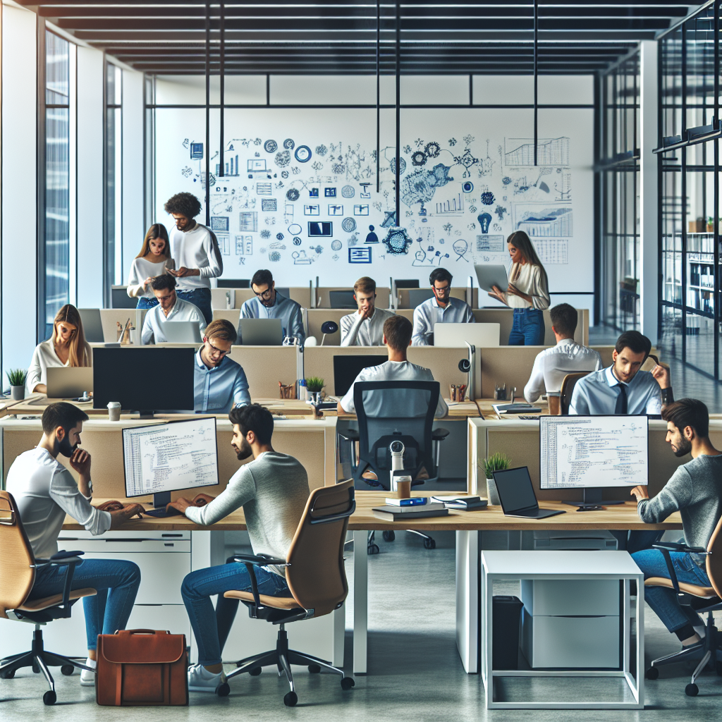 Imagine cu o echipa de developeri lucrand la un proiect intr-un birou modern, cu persoane europene, utilizand laptopuri si alte instrumente tehnologice.
