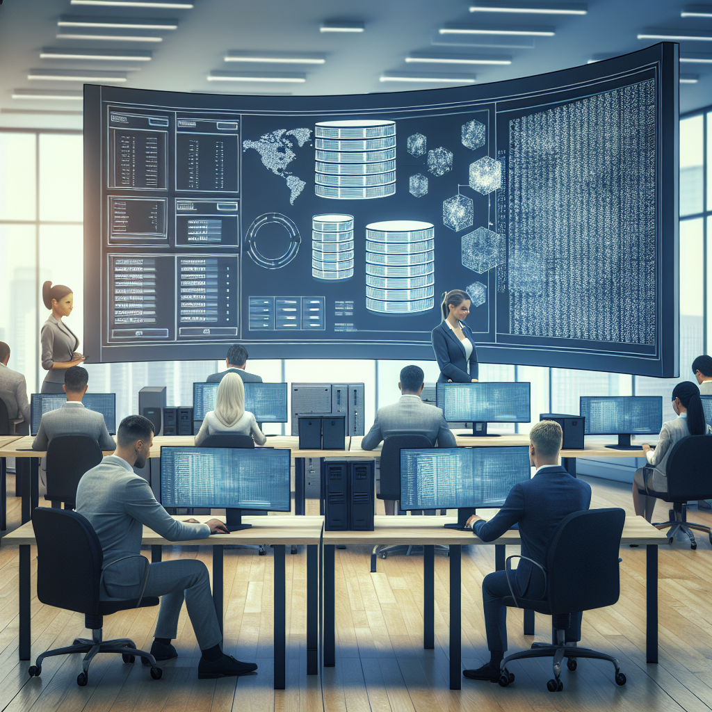 Imagini cu un birou IT modern, unde mai multi specialisti europeni lucreaza la computere, iar in fundal se afla un ecran ce afiseaza o baza de date Oracle.