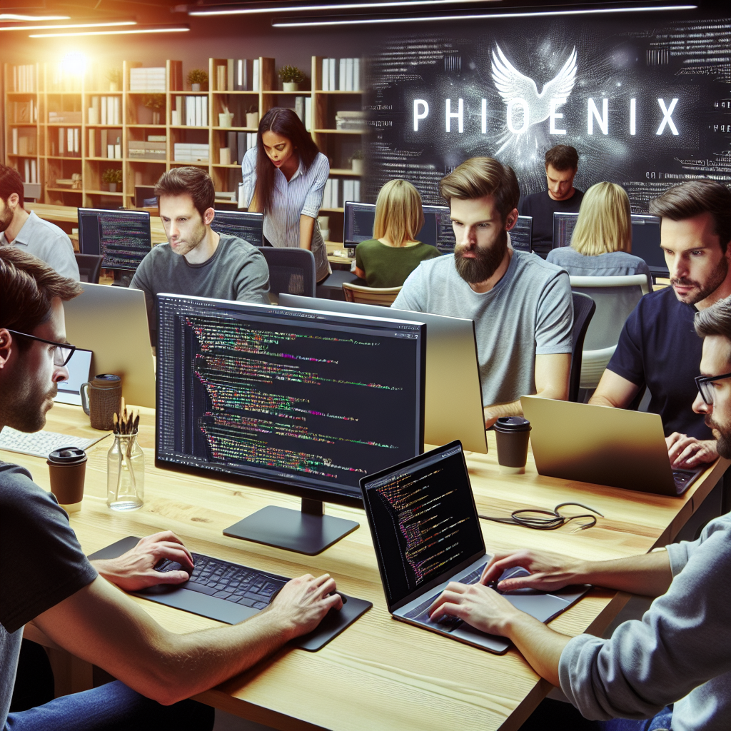 Imagine cu developeri care lucreaza cu framework-ul Phoenix si Elixir pe laptopuri, inconjurati de gadgeturi tehnologice moderne intr-un birou bine iluminat, cu persoane europene.